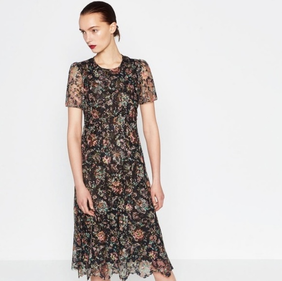 Zara Dresses & Skirts - Zara Women Dark Floral Print Lace Midi Dress M NWT